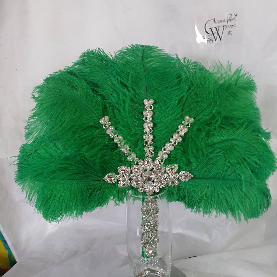 Wedding feather fan,  Green feather brides ostrich fan, wedding hand fan, Great Gatsby  any colour as custom made by Crystal wedding uk