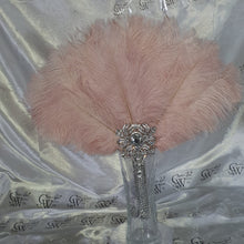 Load image into Gallery viewer, Blush Ostrich Feather Fan, silver bouquet. luxury Bridal Ostrich Feather Fan, Bridal Bouquet,  Great Gatsby wedding style. Any colour
