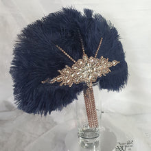 Load image into Gallery viewer, Wedding feather fan, Navy brides ostrich fan, wedding hand fan, Great Gatsby  any colour as custom made by Crystal wedding uk
