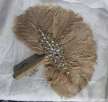 Load image into Gallery viewer, Wedding feather fan, brides ostrich fan, wedding hand fan, vintage champagne, Great Gatsby  any colour custom made by Crystal wedding uk
