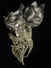 Load image into Gallery viewer, Ava brooch satin rose buttonhole by Crystal wedding uk

