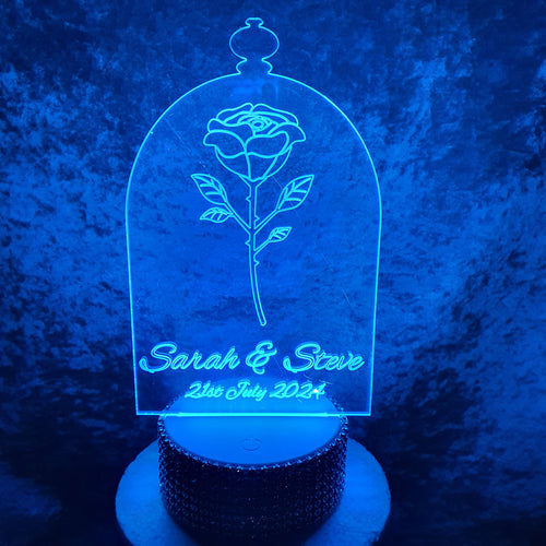 LED Wedding Cake topper - rose design, Engraved Acrylic light-up by Crystal wedding uk