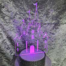 Load image into Gallery viewer, Personalized Fairy Tale Castle Cake topper - Acrylic Castle,Engraved personalised with any wording LED light-up topper by Crystal wedding uk

