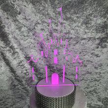 Load image into Gallery viewer, Personalized Fairy Tale Castle Cake topper - Acrylic Castle,Engraved personalised with any wording LED light-up topper by Crystal wedding uk
