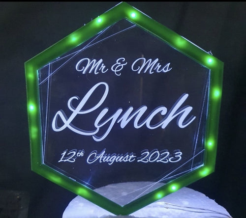 LED Wedding Cake topper - Hexagonal shape design, Engraved Acrylic light-up by Crystal wedding uk