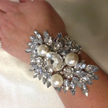 Load image into Gallery viewer, large Vintage inspired crystal and pearl wrist corsage
