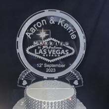 Load image into Gallery viewer, LED Wedding Cake topper LAS VEGAS poker chip design, Engraved Acrylic light-up by Crystal wedding uk
