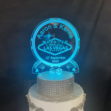 Load image into Gallery viewer, LED Wedding Cake topper LAS VEGAS poker chip design, Engraved Acrylic light-up by Crystal wedding uk
