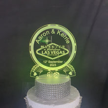 Load image into Gallery viewer, LED Wedding Cake topper LAS VEGAS poker chip design, Engraved Acrylic light-up by Crystal wedding uk
