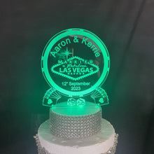 Load image into Gallery viewer, LED Wedding Cake topper LAS VEGAS poker chip design, Engraved Acrylic light-up by Crystal wedding uk
