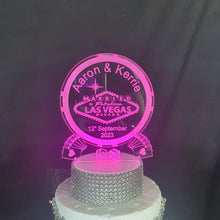 Load image into Gallery viewer, LED Wedding Cake topper LAS VEGAS poker chip design, Engraved Acrylic light-up by Crystal wedding uk
