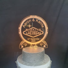 Load image into Gallery viewer, LED Wedding Cake topper LAS VEGAS poker chip design, Engraved Acrylic light-up by Crystal wedding uk
