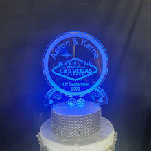 Load image into Gallery viewer, LED Wedding Cake topper LAS VEGAS poker chip design, Engraved Acrylic light-up by Crystal wedding uk
