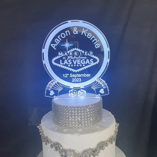 LED Wedding Cake topper LAS VEGAS poker chip design, Engraved Acrylic light-up by Crystal wedding uk