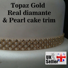 Load image into Gallery viewer, Cake stand, Ivory Pearl and gold crystals, Drape design   - round or square by Crystal wedding uk
